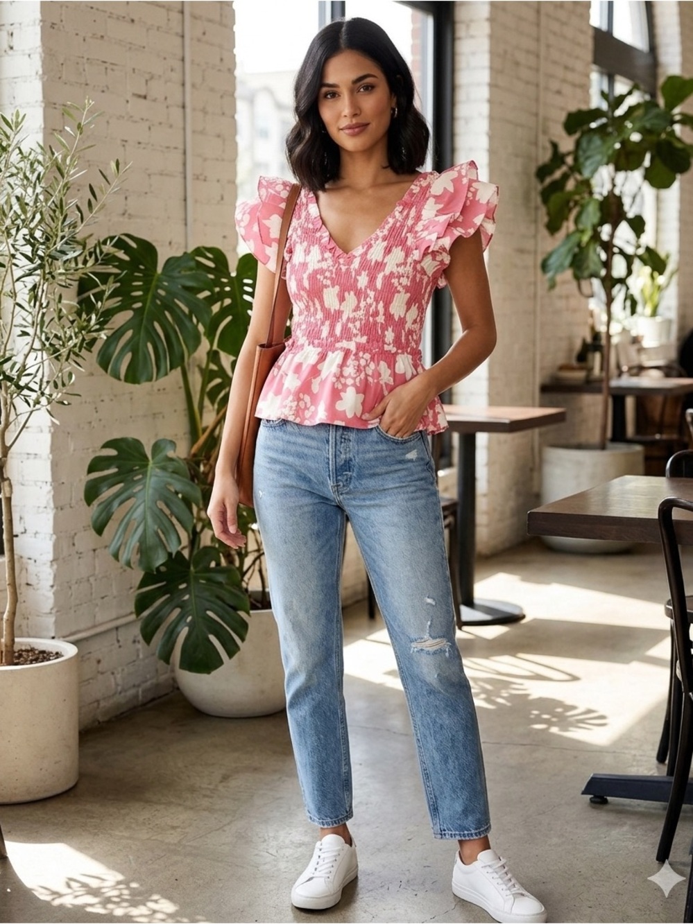 UMGEE Medium Pink Floral Smocked Ruffle Peplum Top NWT